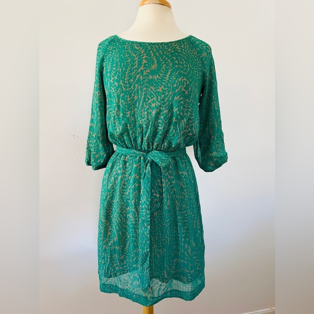 Banana Republic Green Metallic Dress Size 2 Belted Sheer Sleeve Party Dress